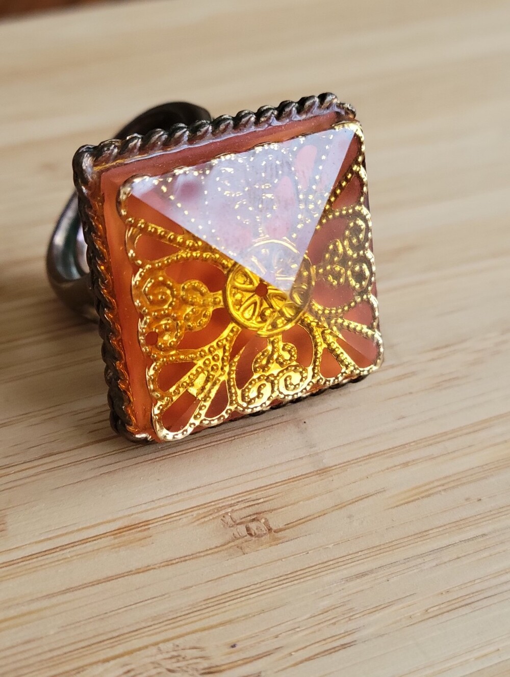 Vintage Amber‎ Lucite Square Statement Ring Adjustable Filigree Etched 1x1 Retro